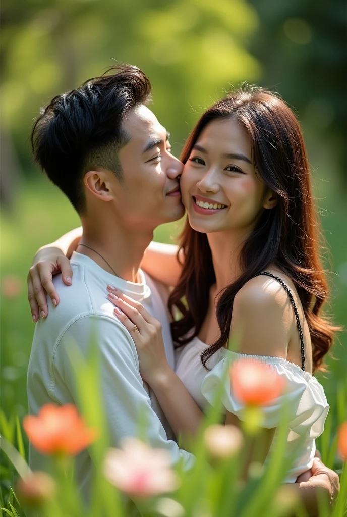 "Asian male with handsome and clean face,hug from behind with a beautiful woman lover,face looking at camera,intimate photo in the green grass garden"