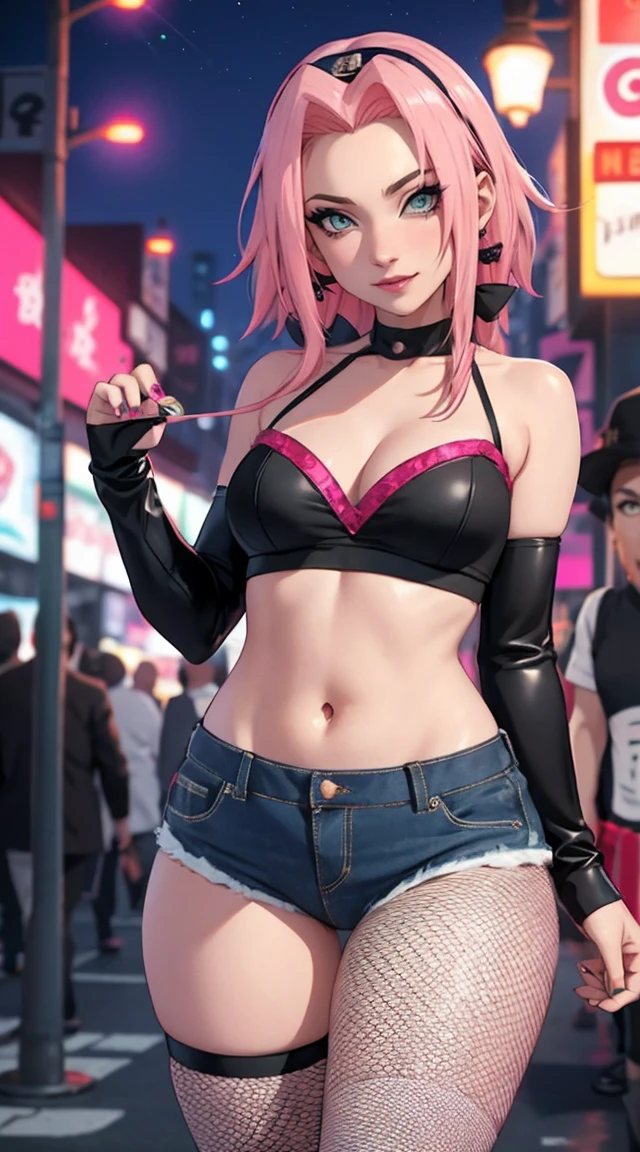 tmasterpiece， Best quality at best， 1girll， Sakura Haruno， Large breasts，prostitute attire，（cleavage)，Raised sexy，is shy，smile，with pink hair， long whitr hair， （Green eyeballs:1.4)， Forehead protection，nighttime, city，revealing clothes, whorish (prostitute makeup:1.3), purple eyeshadow, (prostitute), slutty, midriff, prostitute, slutty outfit, lipstick, fishnet, thong, piercings, money, slutty expression, used condom in hand, neon lights, billboard, redlight district, ((tube top)), denim hotpants, nipple bulge in top, cameltoe,