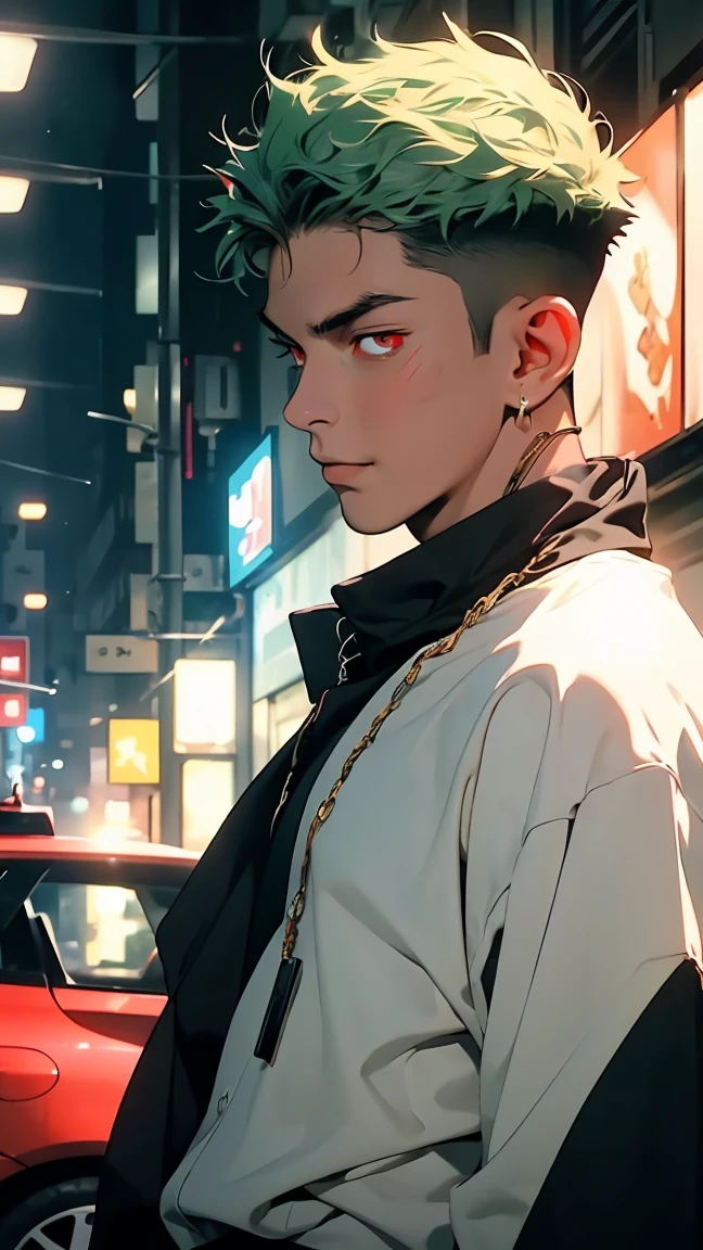 highest quality, 8K, high resolution image, anime style Jujutsu Kaisen, detailed strokes, bored look, blurry, purple light reflecting from it, (close angle), 1 man, male, model, cool guy, strong Man, multicolored background with different geometric shapes, around stickers, muscular, neon green hair, red eyes, short hair hairstyle: undercut, puffy chest.  He wears a shirt unbuttoned halfway so that you can see a well-trained man's chest and black sweatpants, his appearance is elegant but sloppy.he wears a long link chain around his neck , shaved body, hand in trouser pocket, gold link chain, background: city, street, cars, taxi, people,