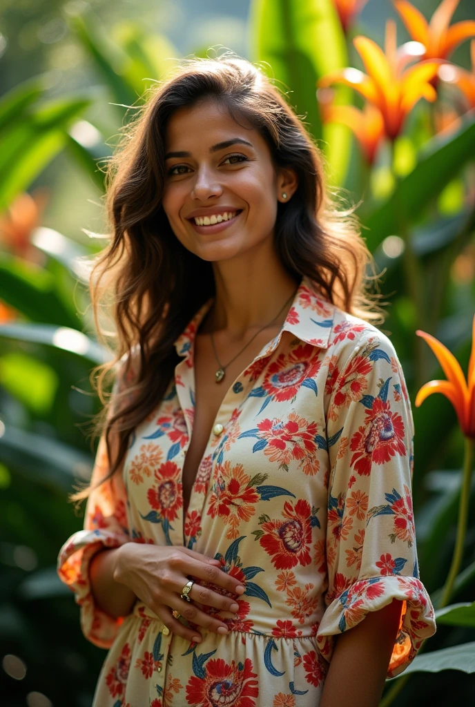 A Brazilian woman in a lush tropical garden, wearing an open shirt with a floral print, with a close-up capturing the harmonious beauty between her breasts and the natural flowers, showing off your natural charm and outgoing personality.NUDE