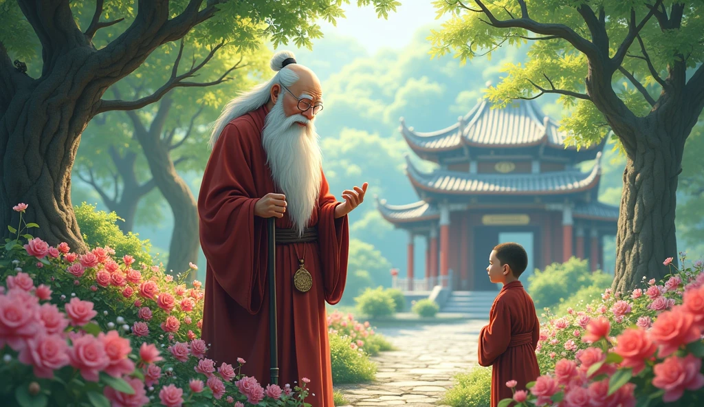 An wisdom full old fat Chinese monk standing at beautiful garden, a young monk student approach towards old monk master, flowers, surrounded by temples, beautiful scenario, trees, in anime style