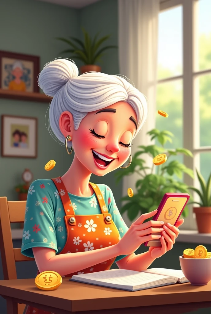 A grandmother with a smartphone, smiling while buying something with Bitcoin in cartoon for a memecoin
