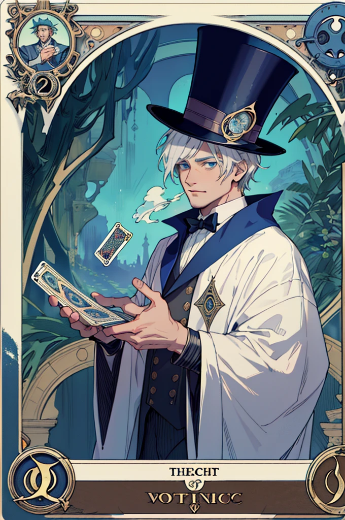 1 Boy,(short white hair:1.1),blue eyes,magician, top hat((Hat decorated with tarot cards)), Victorian robe, Play the piano ,Chaos in its most beautiful form,Mucha style, conscious mind,Tarot cards, steam punk, tarot card border