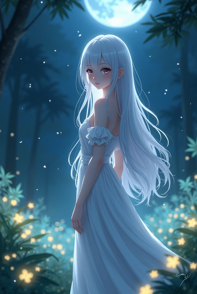 white hair anime with beautiful naked skin