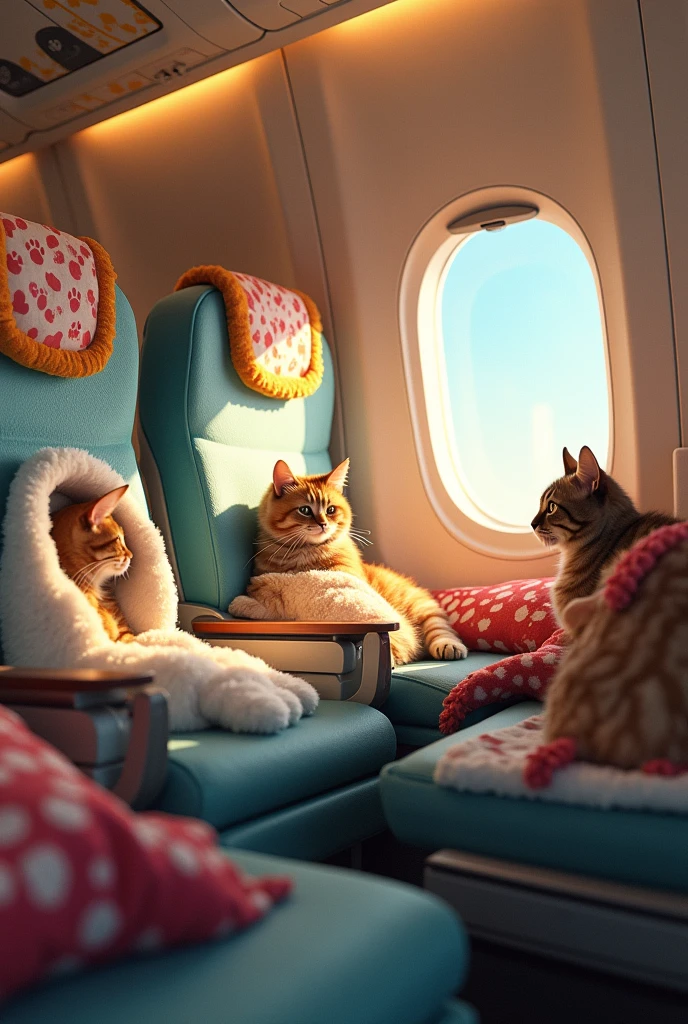 image of an airplane cabin,with cat houses instead of chairs, personalized environment for animals, with ration, cat toys and cats playing happily, PICTURE REALISTIC