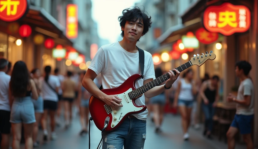 8k, highest quality, ultra details, Tobias Bjorgsha, , handsome asian guy, white t-shirt, ripped jeans and running shoes, messy neat black hair, playing electric guitar,he is looking forward to camera, background of crowded street after work hour, carefree expression