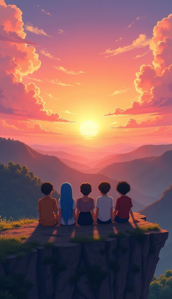 a group of people sitting on a cliff watching the sun set, watching the sun set. anime, beautiful anime scene, studio ghibli sunlight, anime beautiful peace scene, beautiful anime scenery, ( ( makoto shinkai ) ), makoto shinkai cyril rolando, anime. by makoto shinkai, makoto shinkai. —h 2160