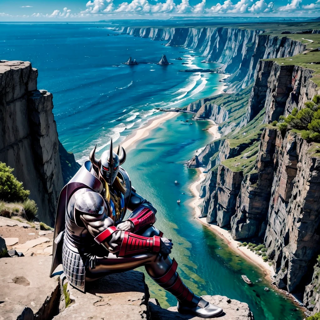 The Demon General has his arms folded、The location is on a cliff at the edge of the water.