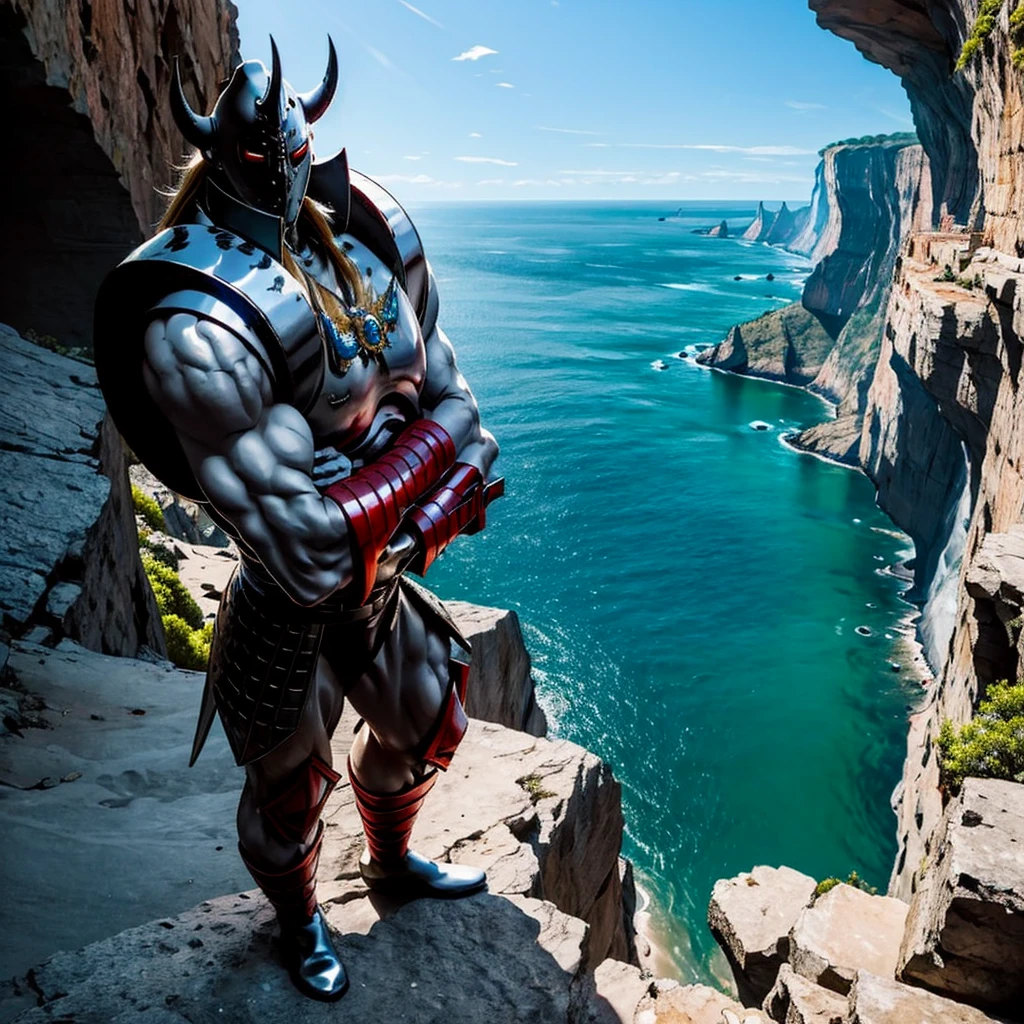 The Demon General has his arms folded、The location is on a cliff at the edge of the water.