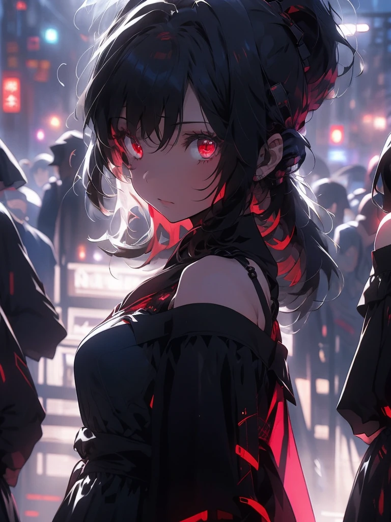 1girl, solo, black hair, red eyes, glowing eyes, ponytail, sidelocks, medium breast, expressionless, Veil, Hair, Black Dress, Off-Shoulder Dress, Long Sleeges, Long Dress, Sideslit, (Gothic), slim, dark ambience, night, dark room, looking at viewer