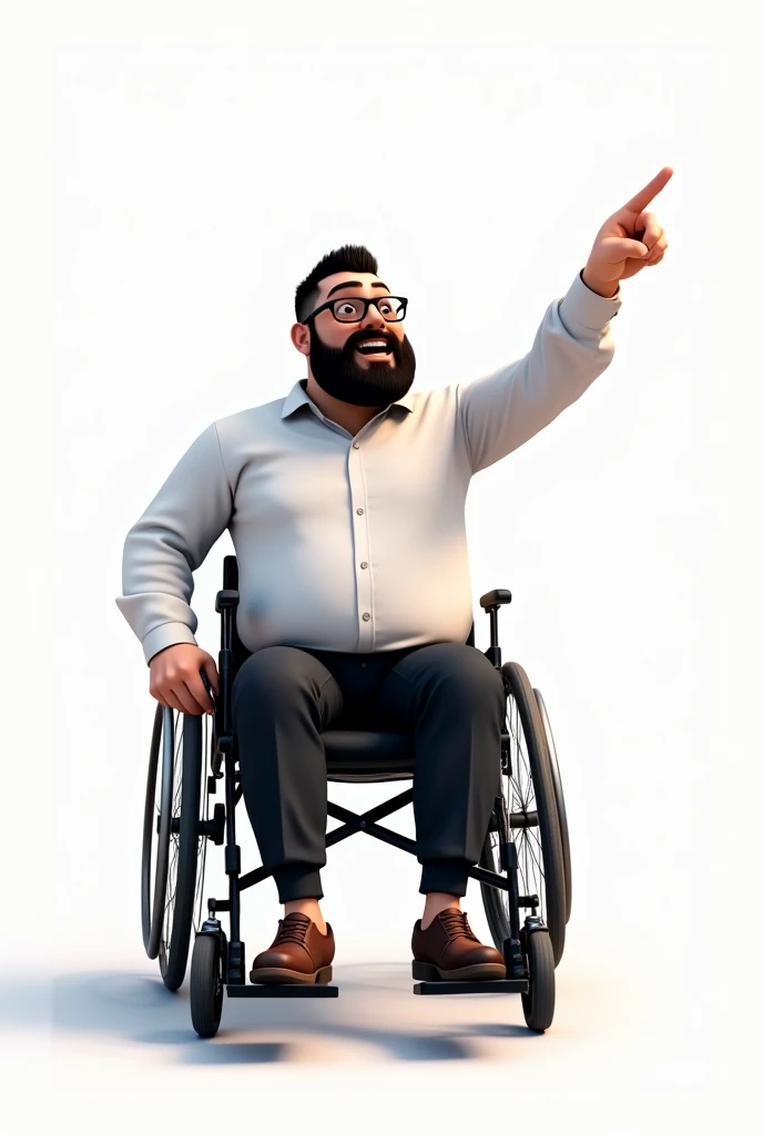 A man in a wheelchair with a white dress shirt and black dress pants, dress shoes, a black beard and black square glasses with his arms up pointing at something, pixar drawing, looking forward, white background
