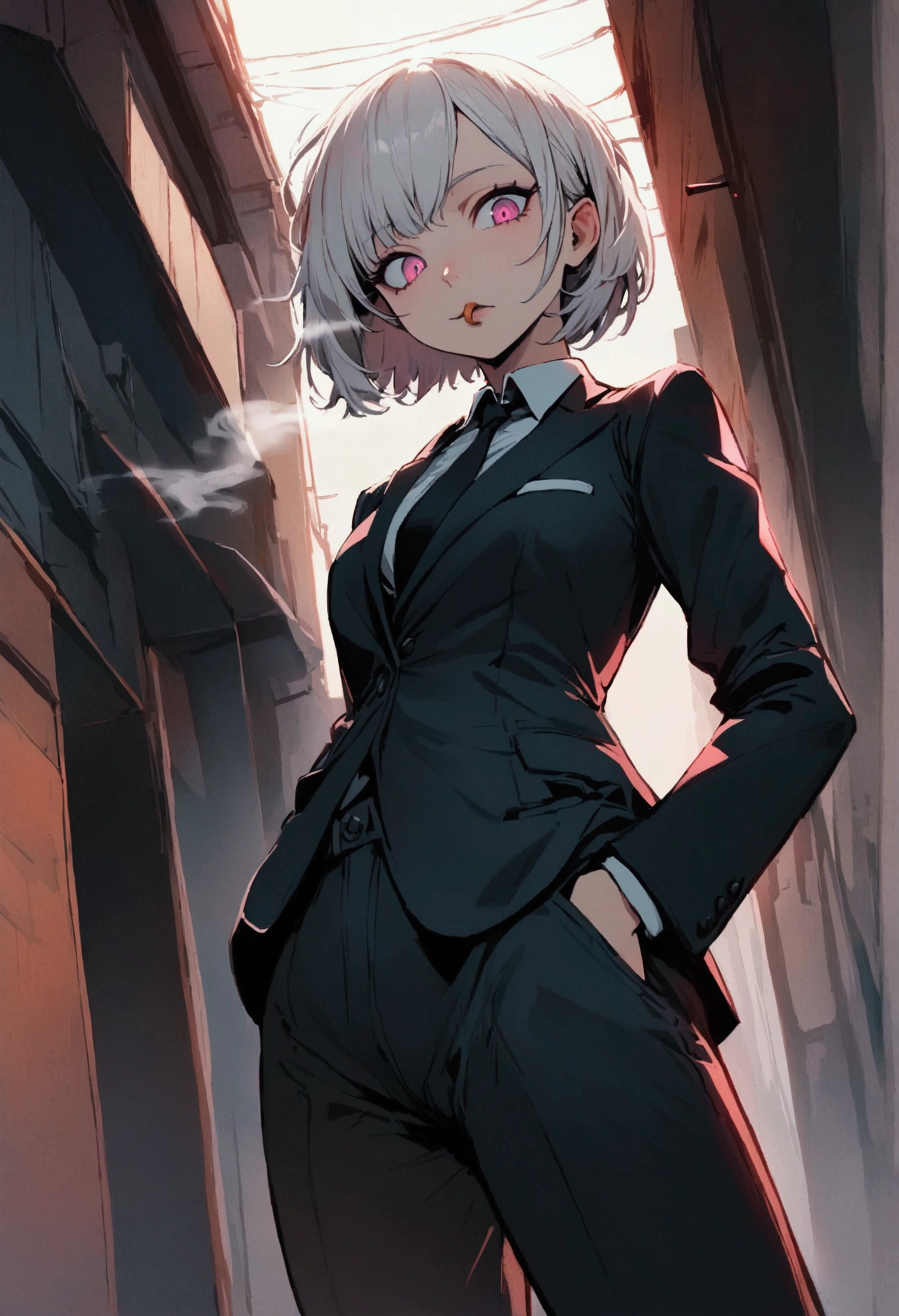 a woman in a suit, looking down at viewer with sharp eyes, she is smoking a cigarette, hands are in the trouser pocket, beautiful, pink eyes, White hair, wolf hair cut, low angle view