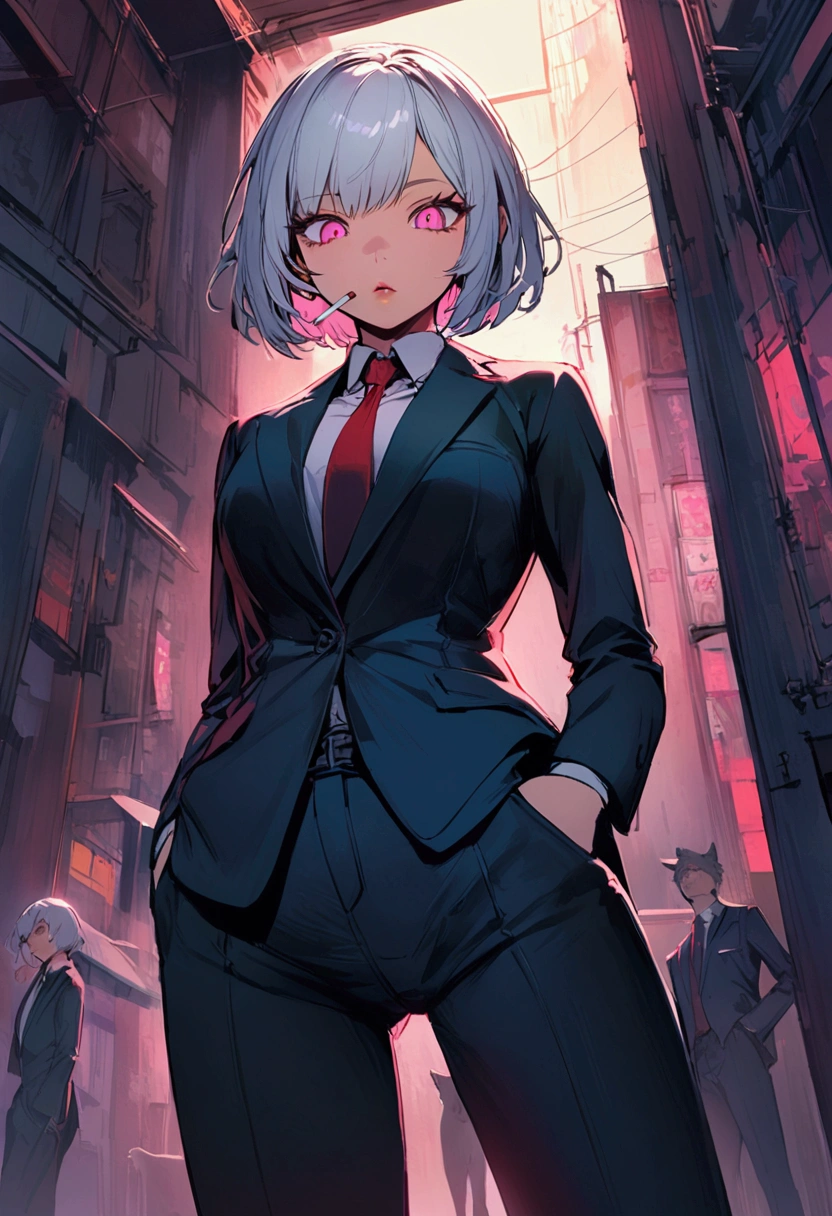 a woman in a suit, looking down at viewer with sharp eyes, she is smoking a cigarette, hands are in the trouser pocket, beautiful, pink eyes, White hair, wolf hair cut, low angle view