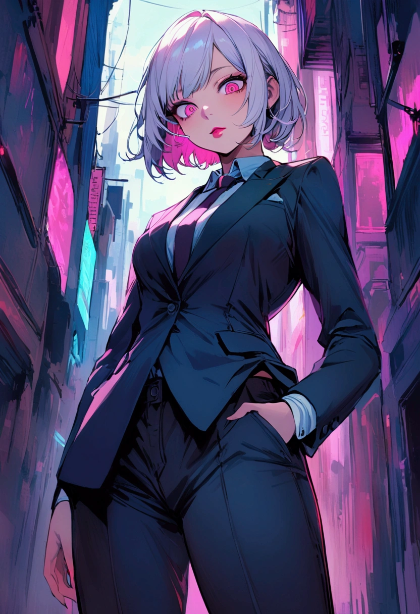 a woman in a suit, looking down at viewer with sharp eyes, she is smoking a cigarette, hands are in the trouser pocket, beautiful, pink eyes, White hair, wolf hair cut, low angle view