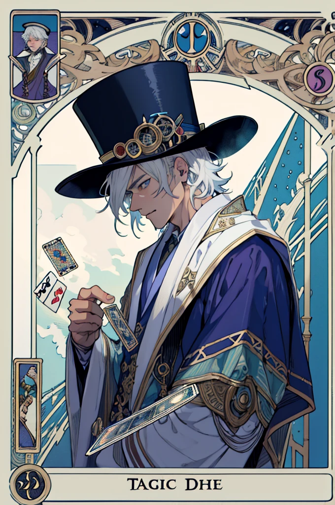 1 boy, 18 years old,(short white hair:1.1),blue eyes,magician, top hat((Hat decorated with tarot cards)), Victorian robe, (zenDispute, Mandala, Dispute, enDispute:0.6),Chaos in its most beautiful form,Mucha style, conscious mind，Tarot cards, steam punk, tarot card border