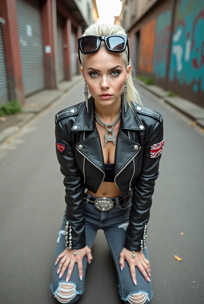 russian old milf woman, grey hair (ponytail and shaved sides) and bandana as headband (big maxi glasses), with very light blue eyes, extremely pale. Wearing cropped black moto jacket with badges on the sleeves and pins on the flaps, nothing under the jacket, dark skinny grey jeans with holes and pointy silver Chelsea boots with cuban heels . Lots of silver bracelets, collars, pendants and rings. Long earrings. Wide studded leather belt with oversized buckle. Kneeling, one knee on the ground, like in a payer, Looking at the camera, feeling hungry, desperate. Toned abdominals, thin legs and thin arms. tattoed
