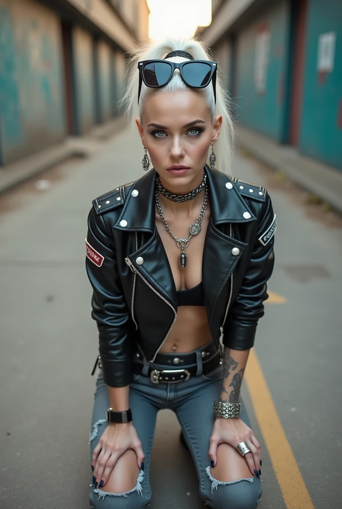 russian old milf woman, platinum blonde hair ( ponytail and shaved sides) and sunglasses as headband (big maxi glasses), with very light blue eyes, extremely pale. Wearing cropped black moto jacket with badges on the sleeves and pins on the flaps, black bra, dark grey jeans with holes and pointy silver Chelsea boots with cuban heels . Lots of silver bracelets, collars, pendants and rings. Long earrings. Wide studdedleather belt with oversized buckle. Kneeling, one knee on the ground, like in a payer, Looking at the camera, feeling hungry, desperate. Toned abdominals, thin legs and thin arms. tattoed