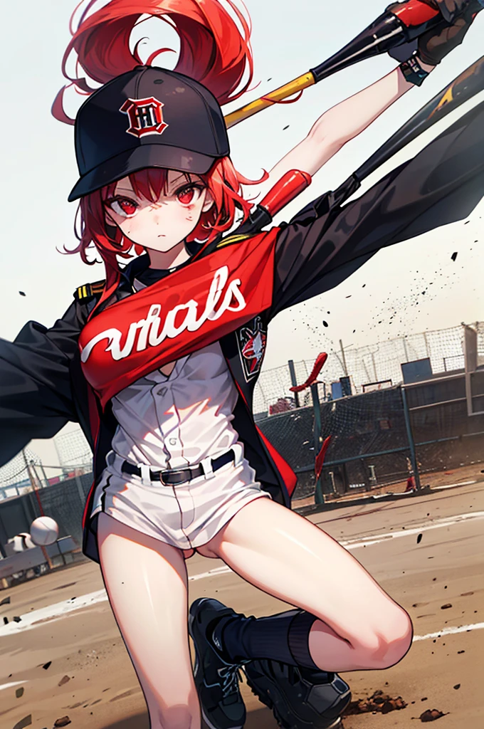 ((High Quality)), female baseball player, revealing outfit, no panties, Well good, redhead, black hat, black and white uniform, nipples, pussy, unbuttoned uniform, holding a baseball、16K、((There is dirt on the body))、Beautiful red eyes、(High image quality)、Mud stains on body、(High resolution)、64k、(Dirty woman alone)、long baseball pant, Ultra High Quality、expose one&#39;s skin、Pussy(masterpiece:1.3、Highest quality)