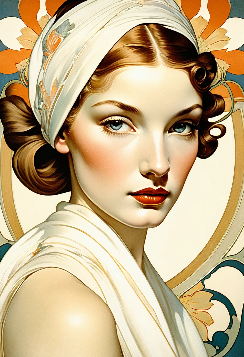 painting of a woman with a white head scarf and a flower in her hair, hyperrealistic art nouveau, anna dittmann alberto vargas, renaissance digital painting, realistic renaissance portrait, mucha style 4k, artgerm and james jean, phil noto and rebecca guay, in a style blend of botticelli, renaissance portrait, james jean and wlop