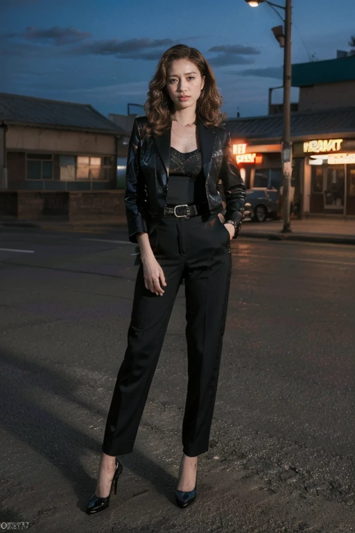 ((Original Photography:1.3)),((best quality,Ultra-high definition:1.2)),1950 retro style,old movie style,old photo style,Street scene in the United States in 1950,American Motel,Fashion portrait photos, 1 elegant lady,Dignified temperament,curls, Very detailed details of the face,Exquisite eyes,Dignified eyes,Full body portrait,Spectacular neon lights,Standing elegantly on the street corner ,Perfect body,Long legs,Retro road suit,Real background,Highly integrated characters and backgrounds