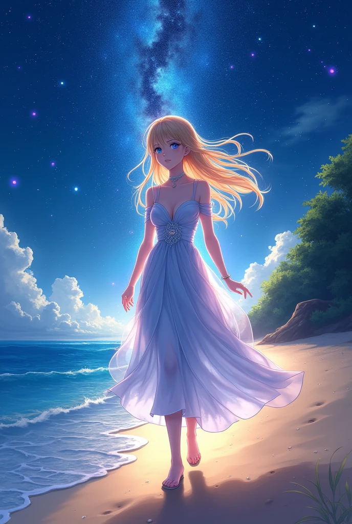 (masterpiece、Highest quality、8k、High resolution)、(Anime Girl)、Best Style、(The most beautiful face)、Clear skin、Clean blue eyes、Beautiful lips、Beautiful nose、Blonde Hair、Walking on the sand、Ocean、You can see the forest、A bright night with stars visible、Beautiful starry sky、milky way、(Mysterious light particles emitting from the body、Colorful Light、Very mysterious light)、jewelry、necklace、dress、(whole body)、Highly detailed anime art、A complete portrayal、Professional photographer、Professional Lighting、