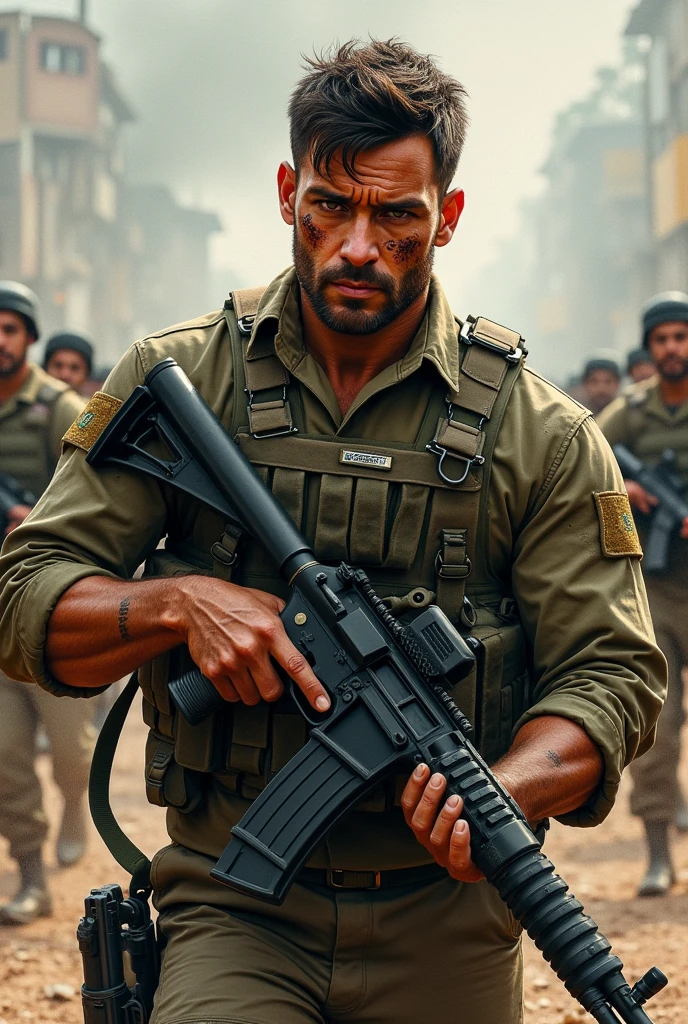 Illustrate a light brown man, all dirty with dust and all cut up, from the Brazilian army commando battalion, with a large, strong and wide physique, He has short hair, with a tired but aggressive look, holding a large machine gun .50 with a big cut on his face. He is fully equipped with a vest and a long-sleeved uniform of the Brazilian army.. He has a large, heavy vest. In the background leading an entire battalion of Brazilian soldiers