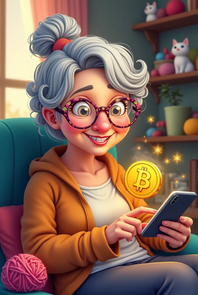 A grandmother with a smartphone, smiling while buying something with Bitcoin in cartoon for a memecoin