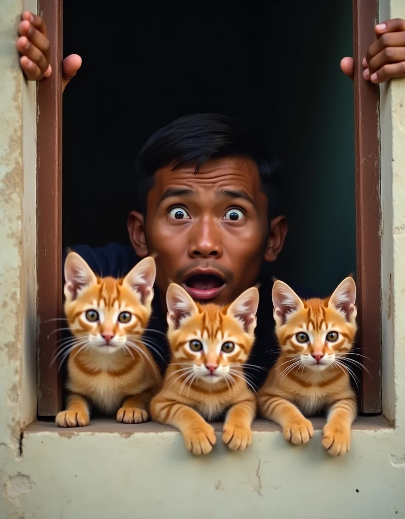 Real photo. an Indonesian man with a face peeking at something from a window wall, only his eyes and hands were glaring curiously as if shocked to see something strange along with 3 orange cats with shocked expressions. Ultra-realistic 8K photo, taken with Leica Q2, strong color contrast and sharp clarity --ar 9:16 --quality 2 --