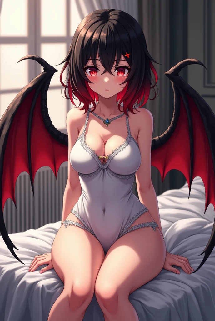 Anime girl, demon girl, 1girl, massive boobs, multicolour hair, black hair, red hair, sitting on bed, thick thighs, short hair, succubus, black wings, shadow wings, swimsuit like white dress, no smile 