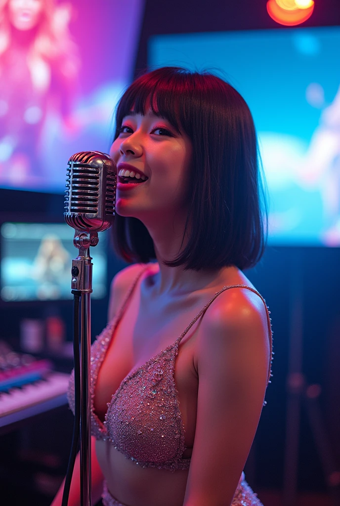 A Kpop idol with bangs singing in a studio