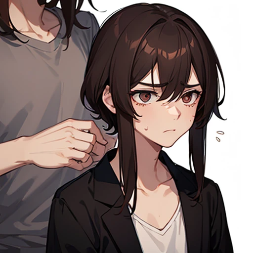 A boy halfway in transforming into a femboy, scared look, in pain, dark brown hair