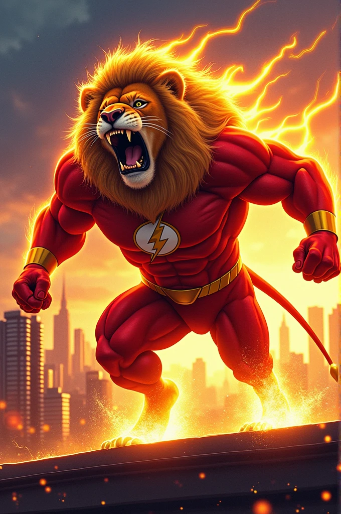 A roaring lion wearing the Flash costume