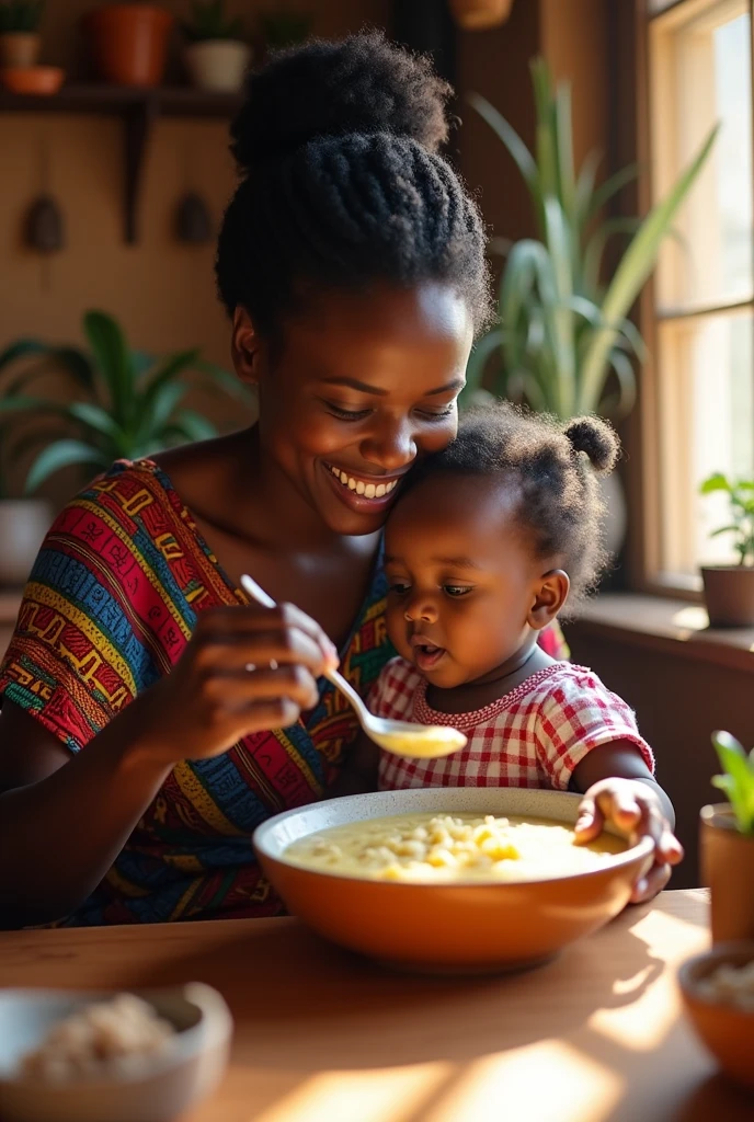Une maman africaine qui donne de bouillie à son enfant