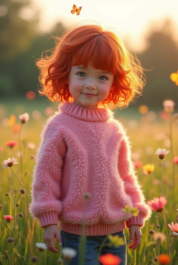 Une fille aux cheveux rouge et court avec un pull rose à poil doux sans rien entre les jambes