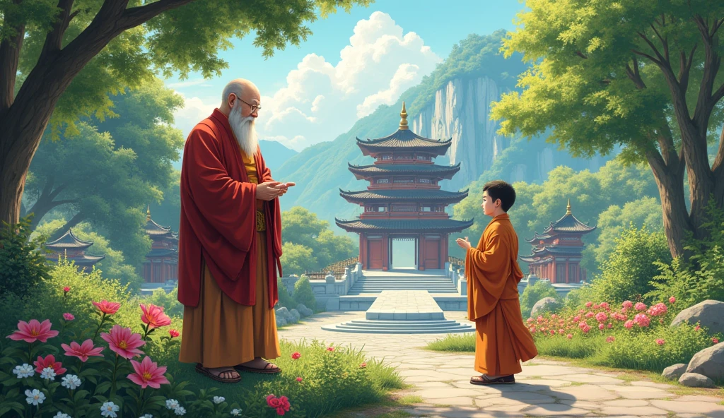 An wisdom full old fat Chinese monk standing at beautiful garden, a adult monk student approach towards old monk master, flowers, surrounded by temples, beautiful scenario, trees, in anime style