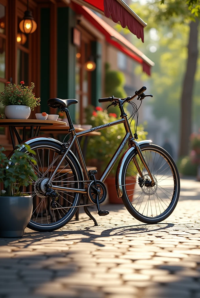 Clear and detailed bicycle parked next to a coffee shop Detailed and intricate perfect artistic illustration Slim realistic high detail Best quality ( Correct and perfect anatomy ) Ultra-detailed animation art and visual effects masters perfectly compose intricate digital art