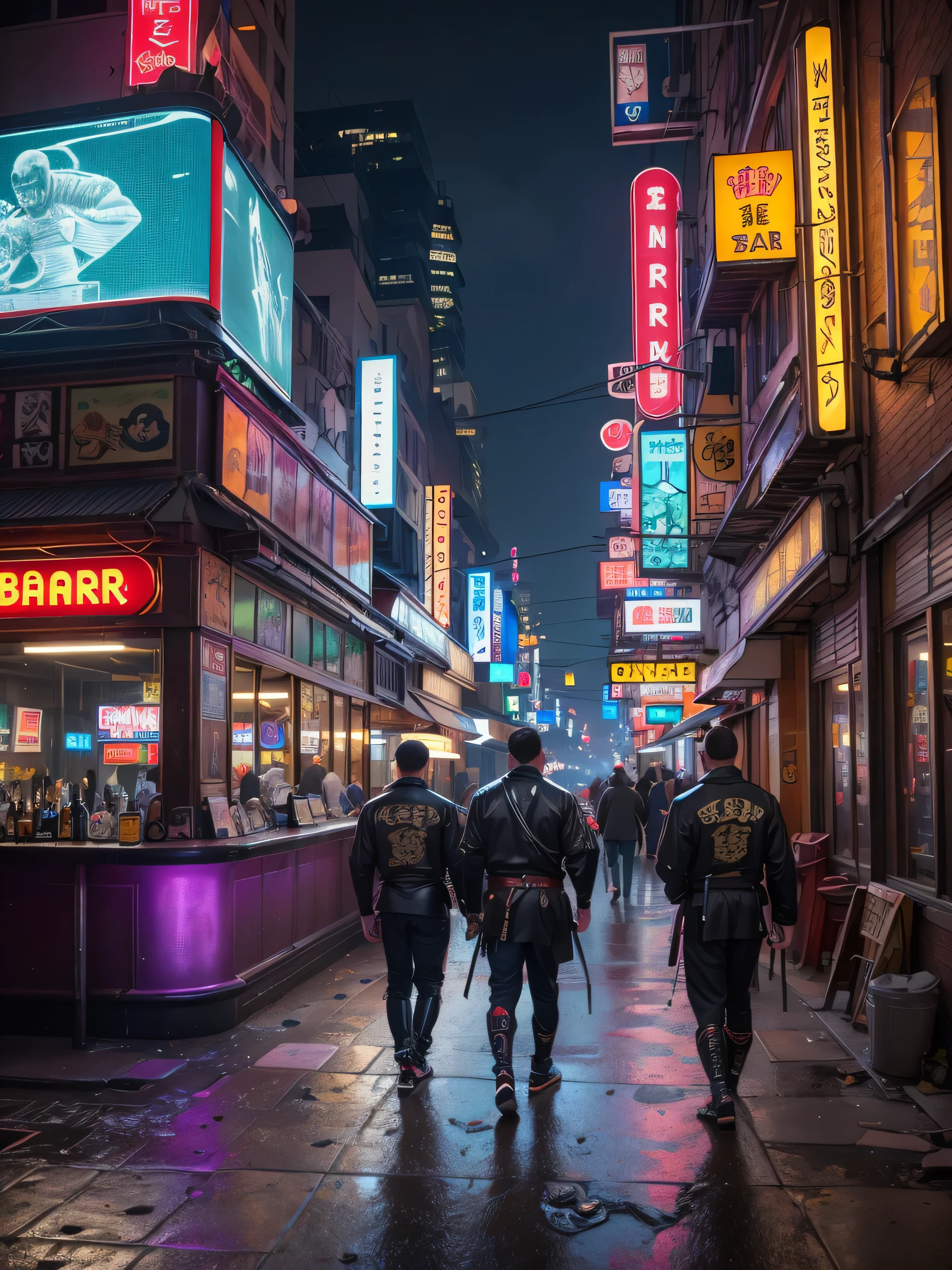 (((Masterpiece))),high resolution,realistic details,sharp focus, hyper-realistic photo of 2 samurais at a bar,(((2 guys at a bar))),(samurai outfit),Fisheye 5 mm lens taken from behind, cyberpunk scene, cyberpunk vibe, New York city in the year of 2527. Super futuristic bar, sharp details,anatomically correct bodies, depth in vision,(depth in vision 1.3), illuminated by vibrant neon lights and holograms. Capture the scene from a street-level perspective during a dark and rainy night. The atmosphere should convey a bustling yet ominous mood, highlighting the contrast between the dystopian environment and advanced technology.(Very detailed: 1.3),4k, back shot