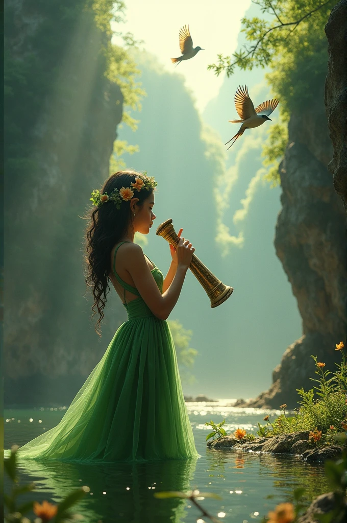 Young girl elf, latin facial items, wirh green dress plays baroque recorder in the middle of the sumidero's canion