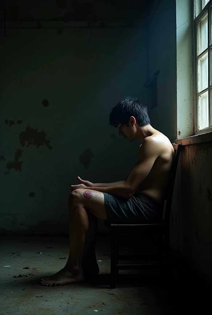 40-year-old man with black hair and a healed wound on his calf, And he&#39;s on a chair in a very dark empty room at night and you can see that the room is very dirty