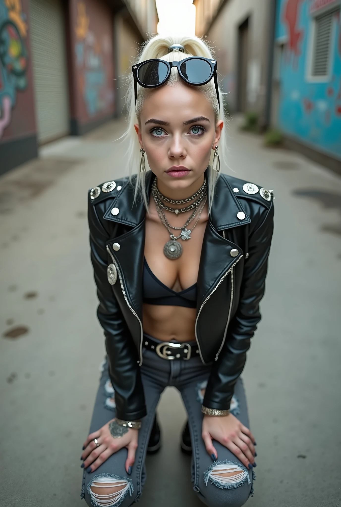 russian old milf woman, platinum blonde hair ( ponytail and shaved sides) and sunglasses as headband (big maxi glasses), with very light blue eyes, extremely pale. Wearing cropped black moto jacket with badges on the sleeves and pins on the flaps, black bra, dark grey jeans with holes and pointy silver Chelsea boots with cuban heels . Lots of silver bracelets, collars, pendants and rings. Long earrings. Wide studdedleather belt with oversized buckle. Kneeling, one knee on the ground, like in a payer, Looking at the camera, feeling hungry, desperate. Toned abdominals, thin legs and thin arms. tattoed