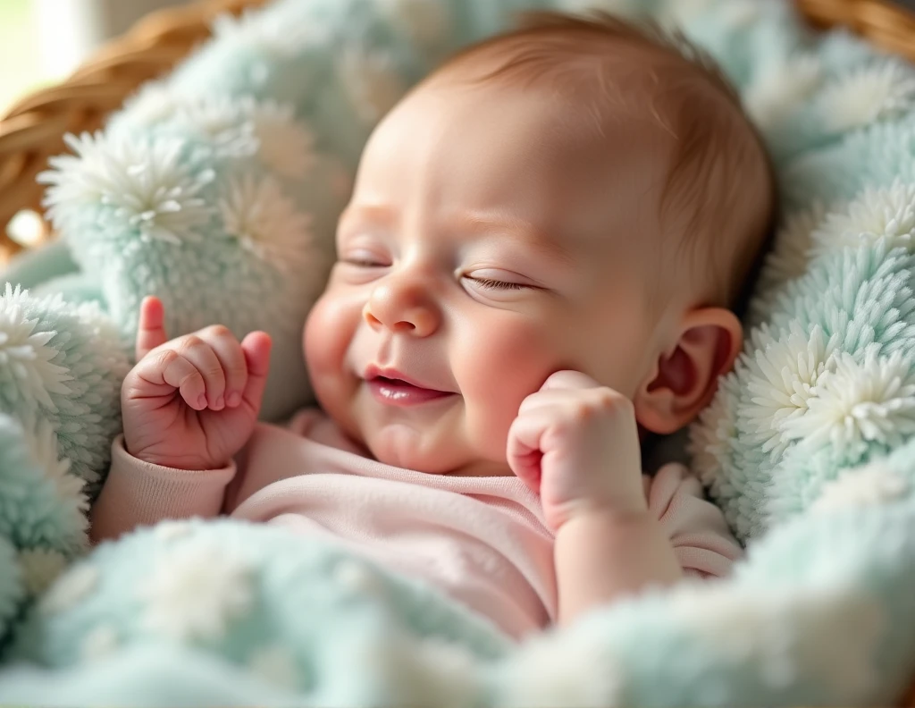 Newborn baby ,rosy-cheeked, smiling, sleeps in a white basket with snow-white lace on the sides, snow-white lace diapers,funny ,makes a face,
