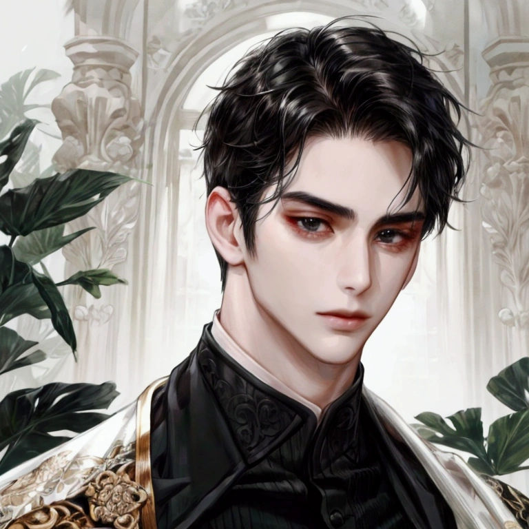 handsome man with white skin, long black hair, strong body, black eyes