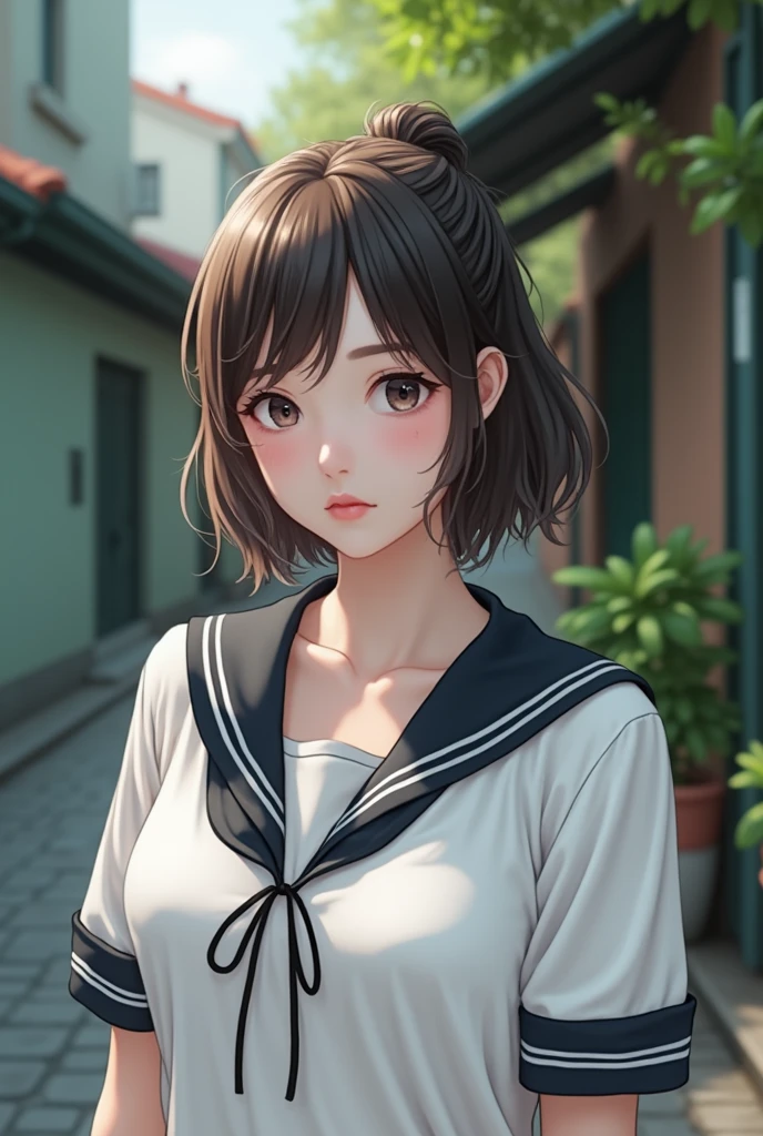 Realistic glowing skin, (sweating:1.4),Stand backwards,Look back at your face,Always look at the camera, (When the uniform gets wet with sweat, it becomes transparent..:1.4),(sweating:1.2)
Classic black and white sailor uniform,Summer clothes,Cold look,Cold Stare,Black Hair,short hair,Tie your hair short,Silky translucent white skin,best Realistic depiction,(Very detailed美しい顔), Great face and eyes, (Highest quality:1.4), (Very detailedな), (Very detailed CG 統合 8k 壁紙), Very detailed, High resolution raw color photos, Professional photography, Realistic portrait,
(Detailed RAW photos of the girl's whole body), Canon EOS R5 250mm, Sharp focus, Cinema Lighting, (No makeup:1.2), Fine skin, Delicate collarbone,Fine texture of the sailor uniform,Very Realistic sailor uniform texture,(Ultra-high resolution:1.6), (Realistic:1.6),