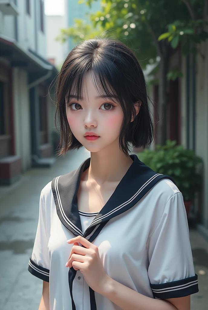 Realistic glowing skin, (sweating:1.4),Stand backwards,Look back at your face,Always look at the camera, (When the uniform gets wet with sweat, it becomes transparent..:1.4),(sweating:1.2)
Classic black and white sailor uniform,Summer clothes,Cold look,Cold Stare,Black Hair,short hair,Tie your hair short,Silky translucent white skin,best Realistic depiction,(Very detailed美しい顔), Great face and eyes, (Highest quality:1.4), (Very detailedな), (Very detailed CG 統合 8k 壁紙), Very detailed, High resolution raw color photos, Professional photography, Realistic portrait,
 (Detailed RAW photos of the girl&#39;s whole body), Canon EOS R5 250mm, Sharp focus, Cinema Lighting,  (No makeup:1.2), Fine skin, Delicate collarbone,Fine texture of the sailor uniform,Very Realistic sailor uniform texture,(Ultra-high resolution:1.6), (Realistic:1.6), 