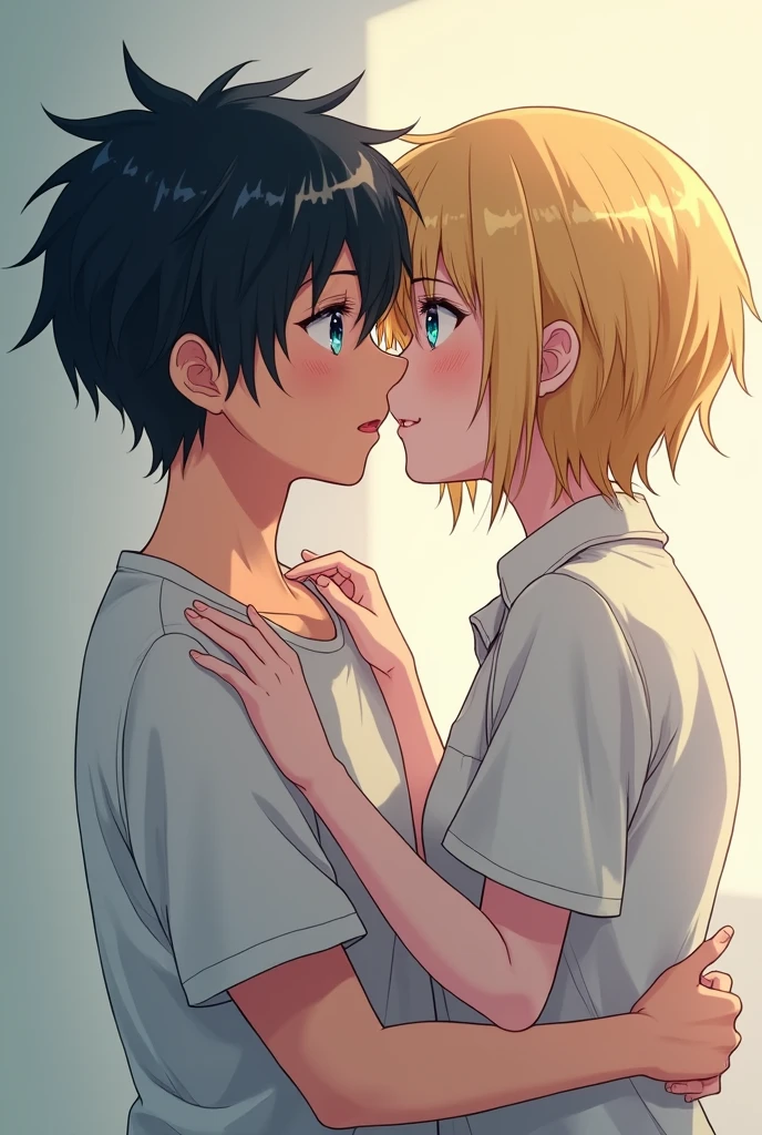 source_anime, rating_explicit, score_9, score_8_up, score_7_up, 1boy, twink, portrait, indoors, medium length hair, brown skinned male, hair over eyes, ((brown skin)), shota, browm boy, boy, messy hair, ikuchan, black hair, masterpiece, high-quality, BREAK, 1girl, female, white skinned, light skinned female, dominant light skinned female, kissing, femdom,  large white female, ((size difference)), lumine, genshin impact, duo, Heterosexual, mature female, age difference 