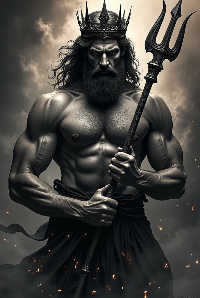 Black and gray hades image, muka, hands, bust and trident for tattooing