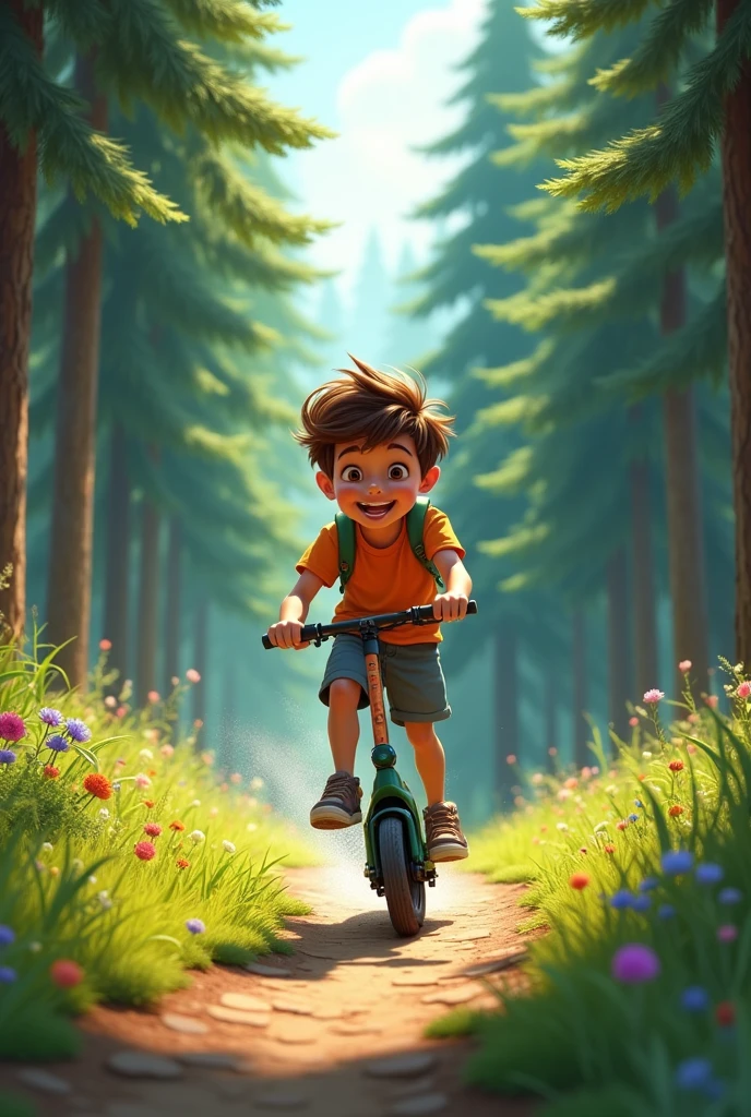 A boy avatar on an electric scooter riding in a pine forest