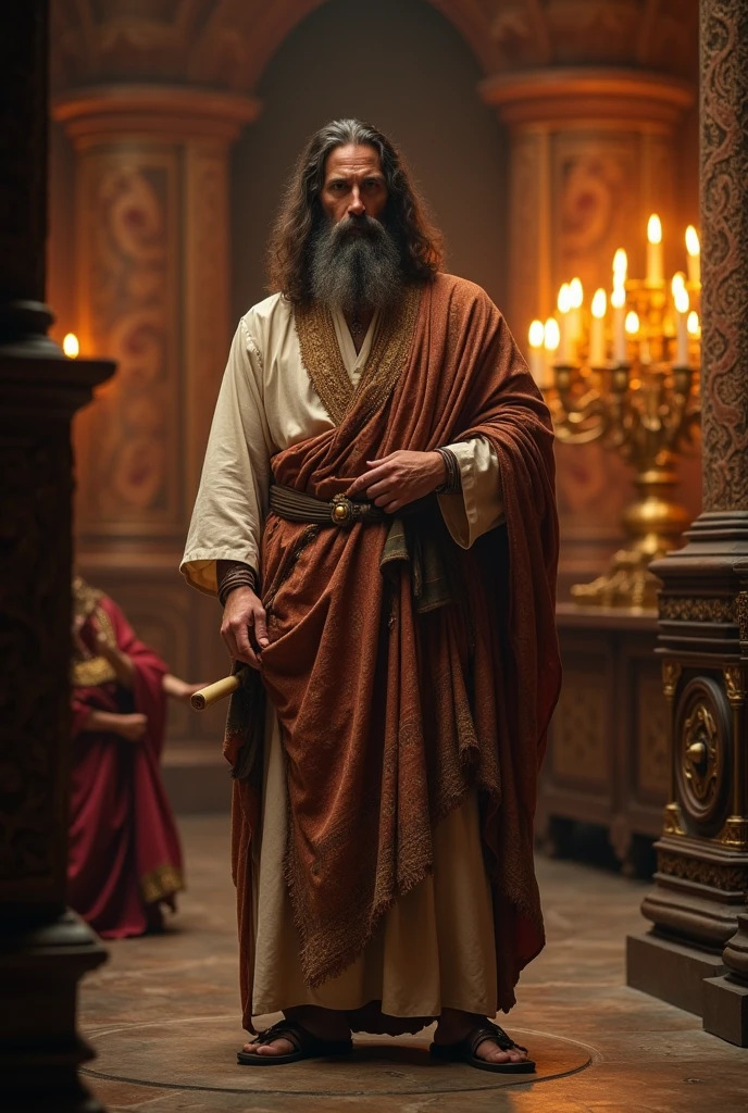 An adult man with long hair and a long beard representing Samuel from the Bible serving in the tabernacle