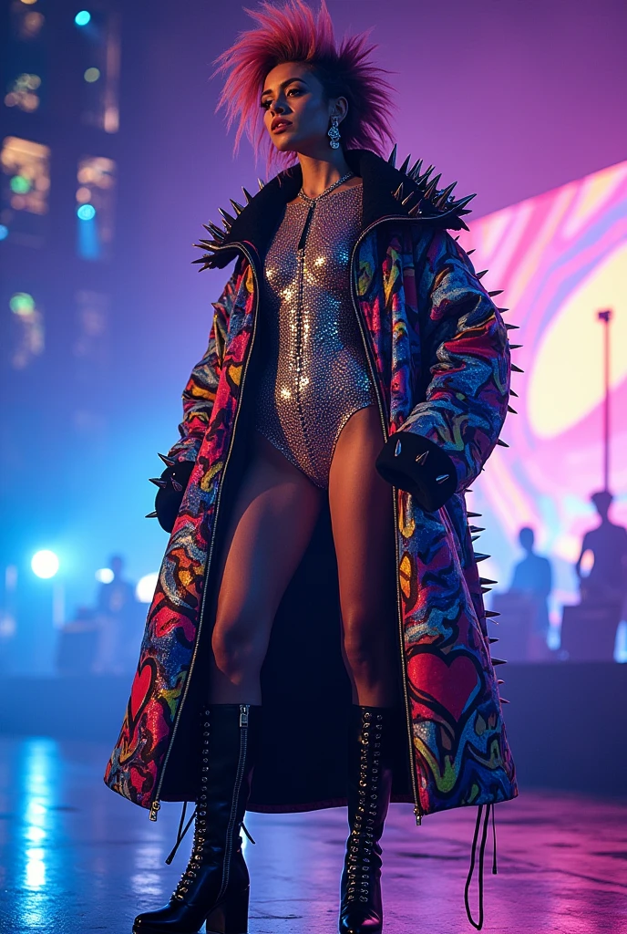 Create a stage outfit inspired by Joost Klein and Käärija for a contest but extravagant