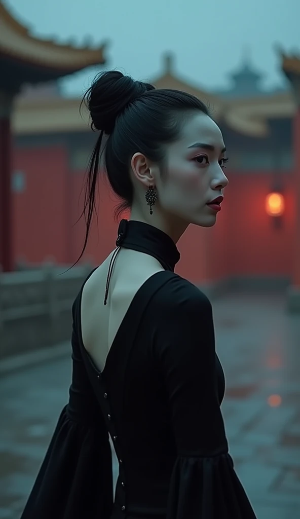 A Chinese vampire with smooth, pale skin and raven-black hair tied in an elegant updo, blood seeping from the corners of her mouth. She wears a modern black dress, juxtaposing with the ancient surroundings of the Forbidden City. The setting is a cold, moonless night, with the imperial red walls and golden roofs bathed in faint torchlight. She is seen emerging from the shadows of the grand palace, her latest victim left behind in the darkness.